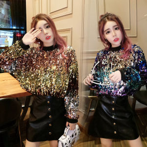 Shiny Sequin Sweatshirt Stage Performance Short Sleeveless Hoodie Womens Outerwear Gradient Color Block Street Style