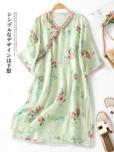 Chinese Style Traditional Mid Length Long Length Ramie Shirt Dress for Women Summer Retro Print Loose Cotton Tea Clothes Split Tops Thin