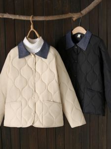 Áo Khoác Cotton Kẻ Sọc Màu Tương Phản Cổ Denim Nhẹ Có Túi Cỡ Lớn Dáng Rộng Dài Tay Mùa Đông Khóa Cài Đơn