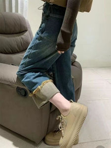 Retro High Waist Wide Leg Jeans Women Spring Autumn Drawstring Corded Straight Cut Slimming Design Cuffed Nine Point Pants