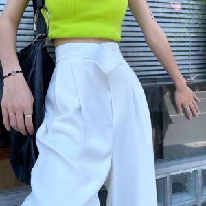 White Ice Silk Wide Leg Pants Womens Summer Thin High Waist Drape Small Size Magic Tape Suit Pants Korean Style Commute