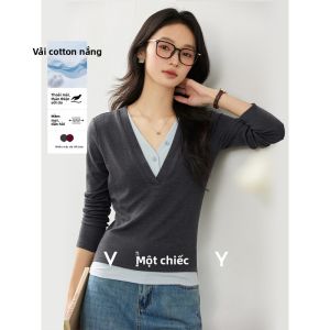 Vimly | Áo Thun Dài Tay Đỏ 2 Mảnh Thiết Kế Thời Trang Mới Thu Ôm Sát
