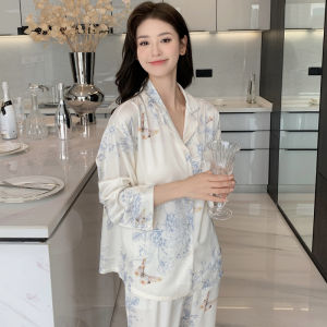 ชุดนอนผู้หญิง Tagkita ฤดูร้อน 2022 ลายดอกไม้ แขนยาว คอตั้ง กระโปรงยาวปานกลาง ผ้าโมดอล ชุดนอนให้นมเด็กแบบสองชิ้น