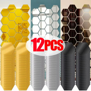 12Pcs Hexagon Mirror Wall Stickers Self Adhesive Removable Wall Sticker Gold Silver Mosaic Tiles Decals Bedroom Home Decor