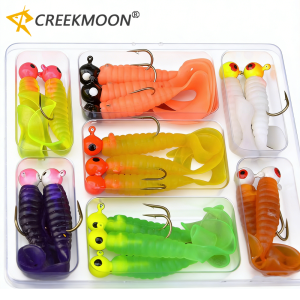34pcs 1 Set 17pcs Metal Jig Head Fishing Hooks + 17pcs Soft Worm Lure Grub Silicone Fish Artificial Bait Sharp Fishhook Tackle