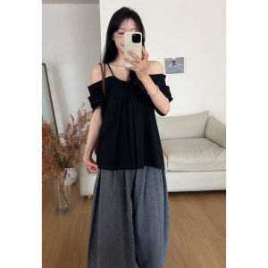 YUEZHONGWEI | Áo sơ mi tay ngắn màu xanh lam hở vai kiểu Pháp cho nữ mùa hè thiết kế cao cấp tay bồng cổ chữ V dáng rộng thoải mái