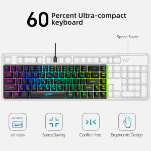 Portable HXSJ V200 68-key Korean gaming Keyboard 65% RGB Backlit Wired office membrane Keyboard for Desktop PC and Laptops