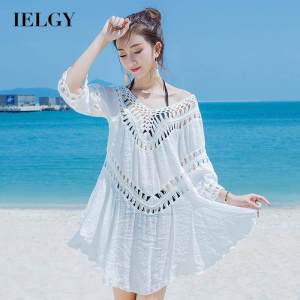IELGY sunscreen beach blouse Seaside vacation hollow fashion cotton bikini solid color swimsuit jacket