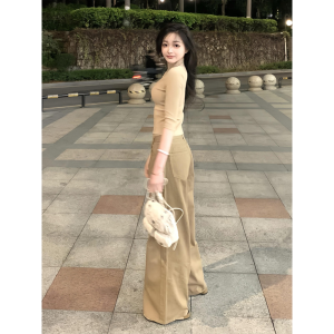 กางเกงยีนส์ขาบานเอวสูงทรงหลวมสำหรับผู้หญิง กางเกงขายาวทรงหลวม ทรงตรง ผ้าเดนิมสีกรมท่า กางเกงยีนส์ทรงสลิมฟิตสำหรับผู้หญิง