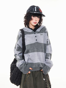 Vintage Stripes Hooded Sweater Womens Loose Knitwear