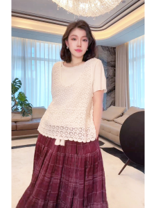 ME Peninsula Sea Embroidery Set Vintage Hollow out Breathable Slimming Comfortable Short Sleeve Top Cotton Summer Thin