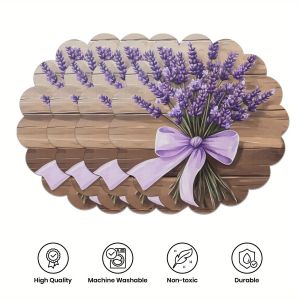 VIKAMA 4PC Lavender Countryside Style Meal Mat Purple Lavender Bouquet Bow Round Anti Heat Mat Table Decoration