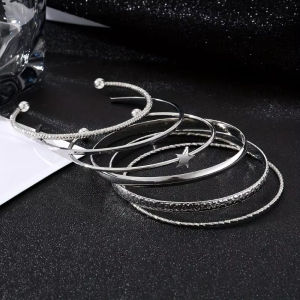 6pcs Vintage Silver Color Patterned Star Opening Womens Bracelets Fashionable and Trendy Daily Party Jewelry Gifts