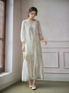 JK＆JS | Slanted Collar Chinese Knot Hemp Silk Printed Cheongsam Dress