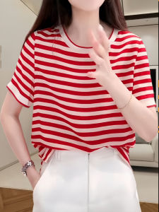 Áo Thun Tay Ngắn Mùa Hè 2025 Dành Cho Nữ Chất Liệu Cotton Dáng Rộng Cổ Tròn Họa Tiết Sọc Đỏ Thoáng Khí Thời Trang Đa Năng