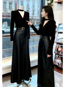 SHANGSHA | Autumn Stylish Elegant Luxury Black Tshirt Dress Set