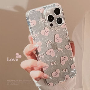 Korean Japanese Simple Full Screen Heart Butterfly Knot Sparkling Powder Suitable for Apple 14 Promax Mobile Phone Case 16 Suitable for iPhone 15 New Advanced Feeling 13 Creative Sweet Style 12pm Silicone 16 Soft Shell 11