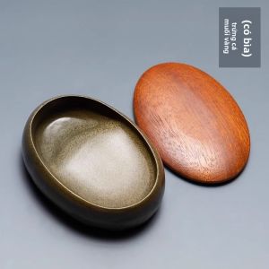 YUBAOGE | Bàn Đá Tự Nhiên Hình Đuôi Rồng Sheyan Nhỏ với Nắp để Giữ Ẩm và Mực Không Khô