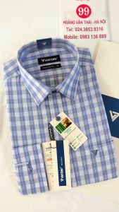 [Việt Tiến] Áo Sơ Mi Dài Tay Cao Cấp - Regular Fit - Vạt Bầu - Kẻ ô xanh ánh tím