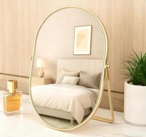 Gương Trang Điểm Khung Kim Loại Vàng 90 °   Gương Đứng Hình Oval Xoay Được Thích Hợp Cho Phòng Ngủ Và Phòng Tắm