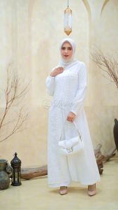 LARISTE Gamis Putih Brokat Brukat Wanita Abaya Turkey Terbaru Mewah Elegan Premium 054 Putih