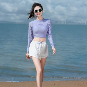 Conservative Sporty Two-Piece Womens Swimsuit Long Sleeve Training Suit Cover-Up Korean Style Hot Spring Girl Student