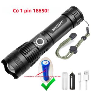 Đèn Pin LED 4 Lõi Công Suất Cao XHP50 Type-C Đèn Pin Zoom Có Thể Sạc Lại Pin 18650 Cắm Trại Ngoài Trời Đèn Lồng Cầm Tay Khẩn Cấp