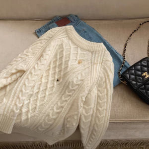 Christmas Red Loose round Neck Pullover Knitted Sweater Womens Autumn Winter New French Vintage Twist Top Warmth Heating