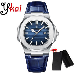 YKAI นาฬิกาข้อมือสำหรับผู้ชายนาฬิกาข้อมือควอตซ์เป็นทางการสุดหรูนาฬิกาข้อมือแฟชั่นสำหรับผู้ชายกันน้ำเรืองแสงบอกวันที่ได้ตัวเรือนเป็นรูปสี่เหลี่ยมมีสายหนังคุณภาพสูงนาฬิกาสำหรับผู้ชาย613P + กล่องนาฬิกา