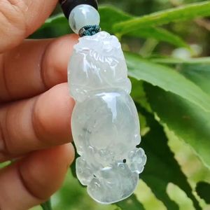 High Quality Icy Translucent Natural Type A Jadeite Jade crafted with Pixiu as Pendant certificate weighs 6.86 grams measurement 36.5 * 14.5 * 7.6 mm (pendant261)