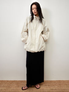 Spring New RandomPiece Flower Bud Silhouette Color Block Stand Collar Jacket Drawstring Hem Machine Washable Womens Coat