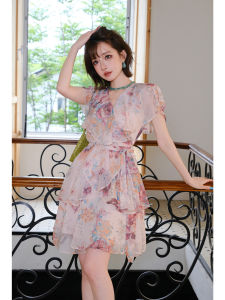 MIUCO | Đầm Nhỏ In Hoa Dành Cho Người Thon V-Neck Xếp Ly Phong Cách Pháp