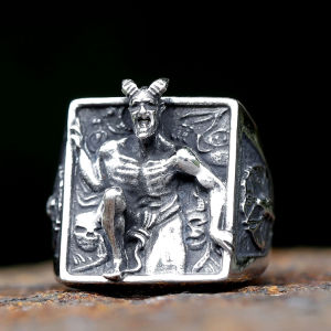 Nhẫn Nam Bằng Thép Không Gỉ Hình Đầu Dê Baphomet Trang Sức Tôn Giáo Pagan Biểu Tượng Thần Linh Thiên Thần Sa Ngã Lucifer Cổ Điển Phụ Kiện Thời Trang