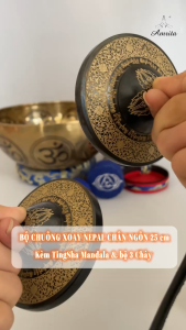 [Amrita] Bộ Chuông Xoay Nepal Cao Cấp 25cm Kèm TingSha - Họa Tiết Chân Ngôn "Om CXNP76