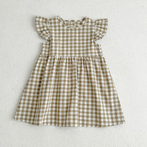 Girls Toddler Princess Dresses Girls Fashion Blue Plaid Dress Kids Flying Sleeves Party Clothes Cotton Summer New Little Dress