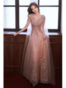 Elegant Pink Slimming Evening Gown for Women Fashionable High Waist A-Line Skirt Crystal Beaded Deep V-Neck Wedding Party Dress