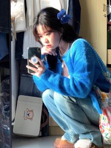 Klein Blue Knitted Open Cardigan Womens Long Sleeve round Neck Soft Cozy Korean Style Fufu Autumn Winter Outerwear Sweater