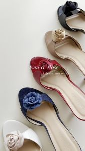 Guốc cao gót nữ 8cm đính hoa trà Emi & Rose - LILY HEELED MULES denim camellia
