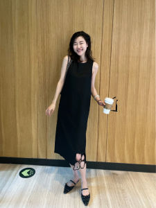 Black Sleeveless Vest Long Dress Heavy Embroidery Hollow out Flower Hepburn Style Loose Strap Womens Summer Dress
