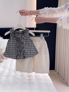 Girls Summer Outfit 2025 New Style Korean Fashion Sleeveless Vest Shirt plus Plaid Shorts Two-Piece Set for Kids