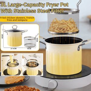 3L Gradient Color Large-Capacity Fryer Pot With Stainless Steel Filter Household Non-Stick Frying Pot Oil-Saving Mini Pan