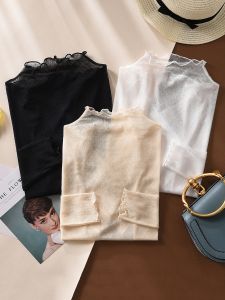 White Lace Base Shirt Womens Inner Wear Thin Veil Cover up High-End Feelings Autumn Winter Mid-Neck Mesh Top Korean Style Commute