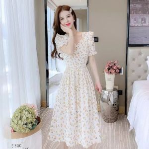 French Style Square Collar Bubble Sleeve Dress Womens Summer Floral Long Skirt High Quality Fairy Skirt Commute Korean Style