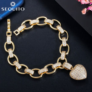 SEQUITO Summer Luxury Gold Color Chain Link Bracelet Inlaid Tiny AAA Cubic Zirconia Diamond Heart Charm Bangle Jewelry for WomenB078 (Size: 18.2 cm)