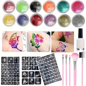 DIY Flash Tattoo 12 สี Glitter รวมหลาย Tattoo แม่แบบกาวชุดแปรง DIY Glitter สติกเกอร์การ์ตูน Tattoo Set