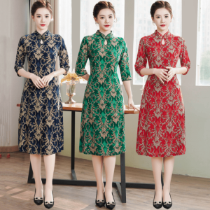 Elegant Mid-Length Qipao Dress with 7/8 Sleeves for Women Spring Summer Fashion Retro Style Loose Fit Floral Print Dress