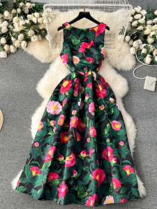 Accessible Luxury Dress Womens Niche Style Fancy Elegant Sleeveless Printed Swing Puffy Dress Elegance Ladies Dress