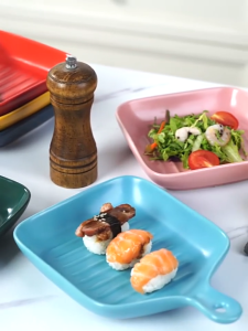 VISHINE Nordic Style Ceramic Square Plate Handle Bowl Rice Plate Square Bowl Serving Plates with Handle