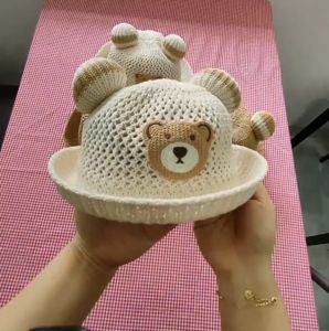 Mũ cói vành tròn cho bé Hình Gấu dễ thương Mũ cói có dây buộc cằm chất liệu cói mềm thoáng mát phù hợp bé dưới 2 Tuổi