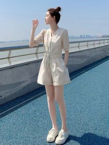 Fashionable Summer Shorts Set for Women Hemp Material Two-Piece Set with Short Sleeves and V-Neck Design Slimming Effect